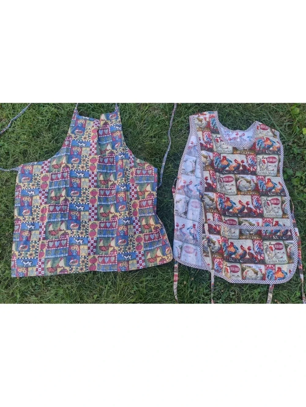 Country Chicken Apron Lot Reversible Farmhouse Rooster Hen Cotton Kitchen Set 2